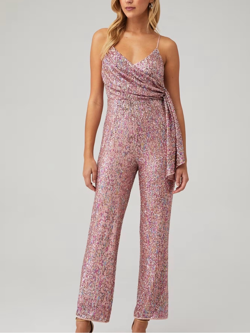 Saylor Ringo Sparkling Pink Rose Sequin Wrap Jumpsuit Medium